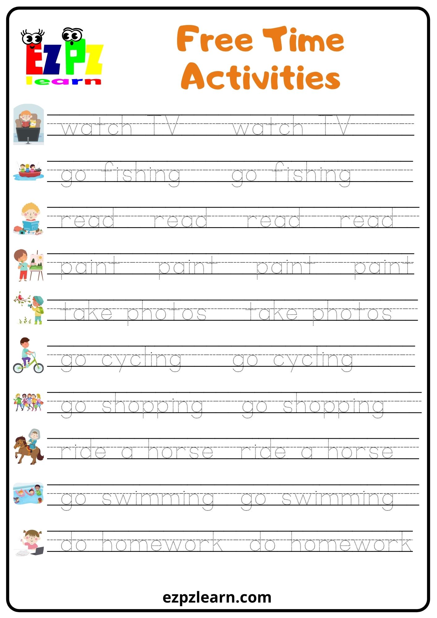 Free Time Activities Word Tracing Worksheet